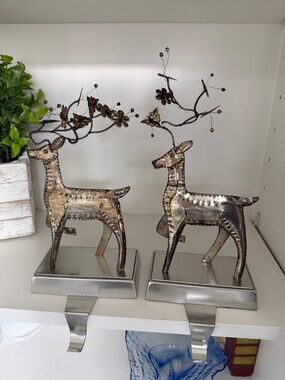 Pair of Pottery Barn Pressed Metal Reindeer Christmas Stocking Hangers Holders